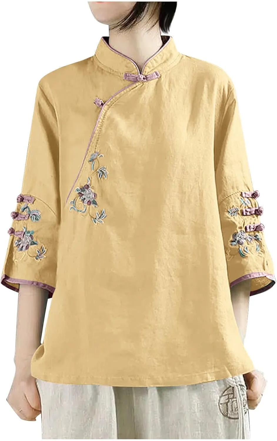 HGps8w Cotton Linen Embroidery Blouse for Women Retro Chinese Frog Button Tops Loose Fit 3/4 Sleeve Layered Tunic Shirts