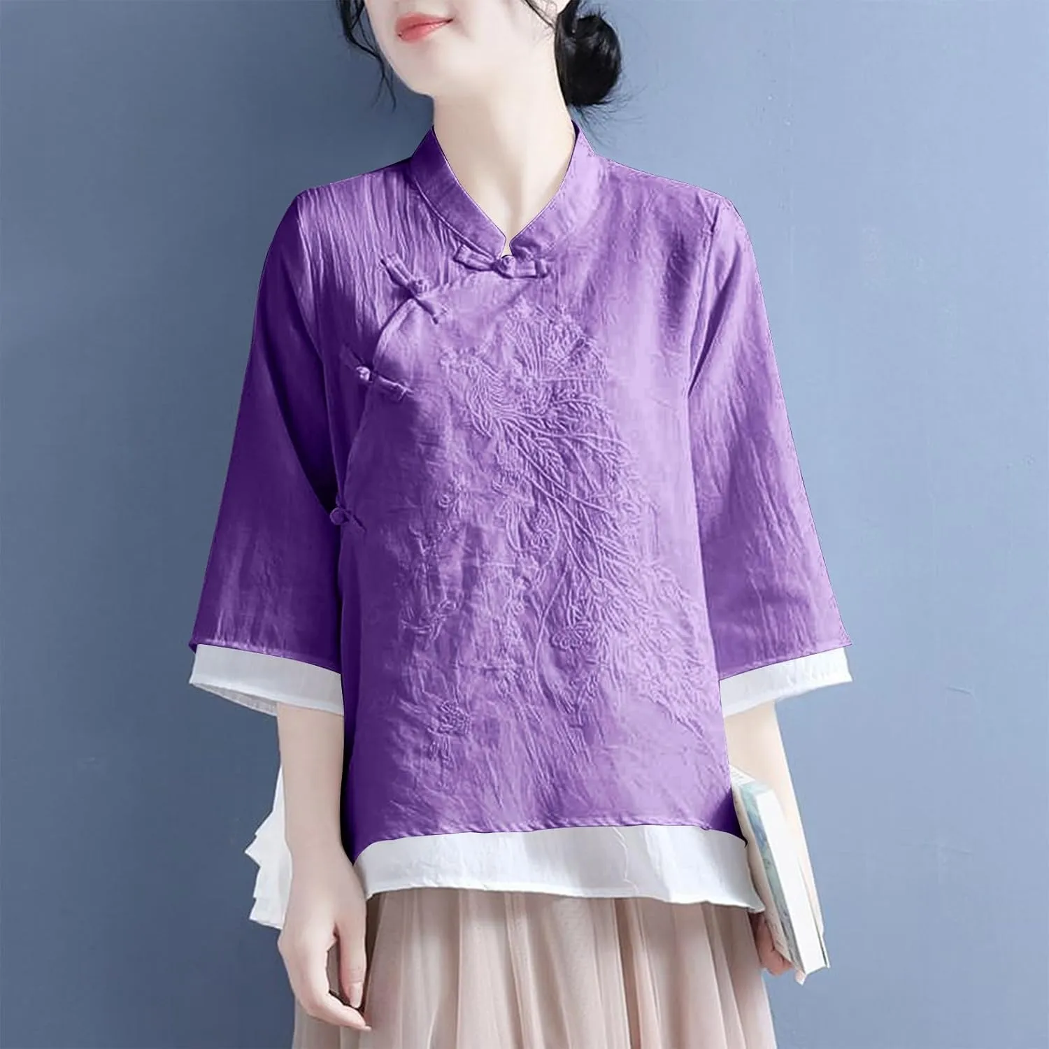 HGps8w Cotton Linen Embroidery Blouse for Women Retro Chinese Frog Button Tops Loose Fit 3/4 Sleeve Layered Tunic Shirts