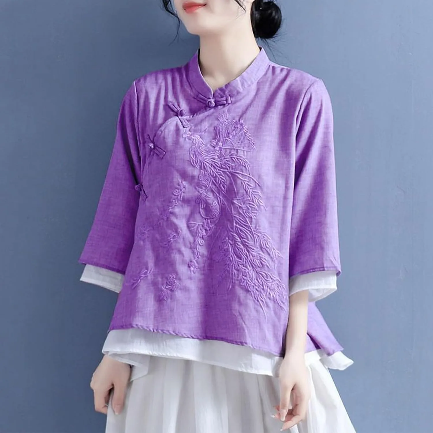 HGps8w Cotton Linen Embroidery Blouse for Women Retro Chinese Frog Button Tops Loose Fit 3/4 Sleeve Layered Tunic Shirts