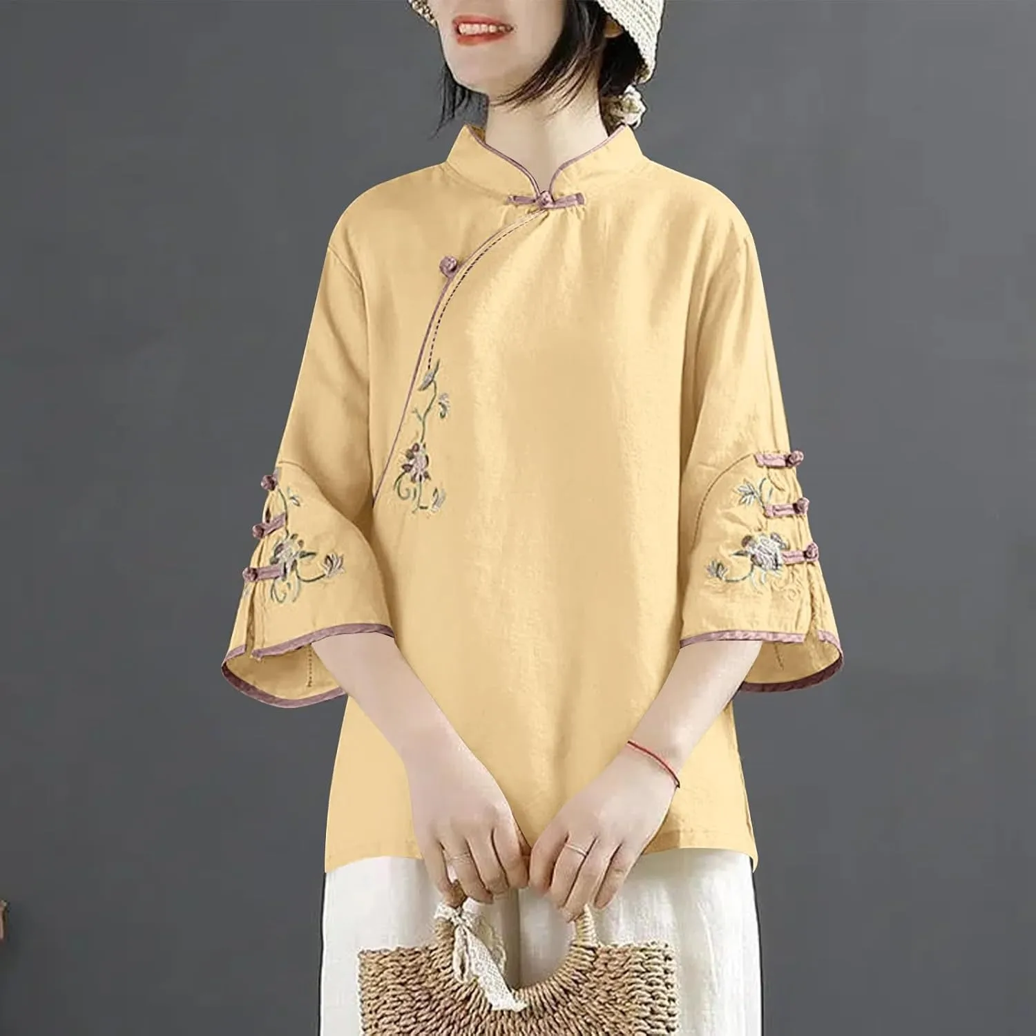 HGps8w Cotton Linen Embroidery Blouse for Women Retro Chinese Frog Button Tops Loose Fit 3/4 Sleeve Layered Tunic Shirts