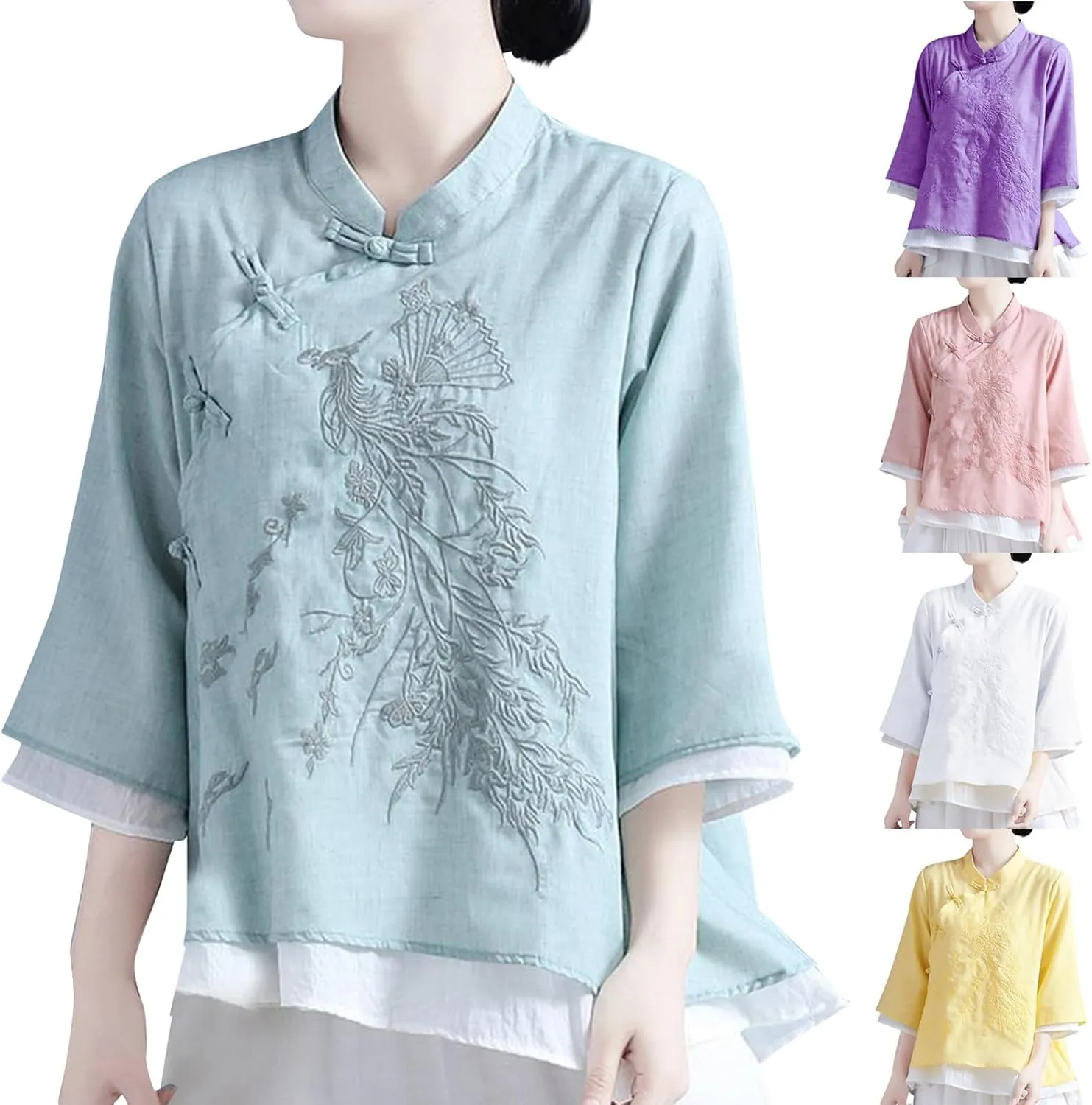 HGps8w Cotton Linen Embroidery Blouse for Women Retro Chinese Frog Button Tops Loose Fit 3/4 Sleeve Layered Tunic Shirts