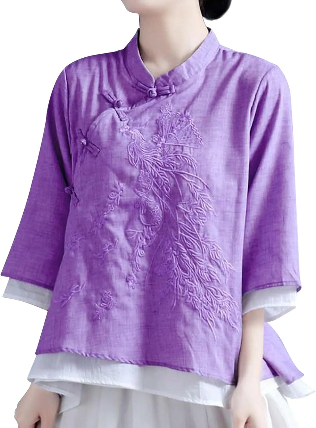 HGps8w Cotton Linen Embroidery Blouse for Women Retro Chinese Frog Button Tops Loose Fit 3/4 Sleeve Layered Tunic Shirts