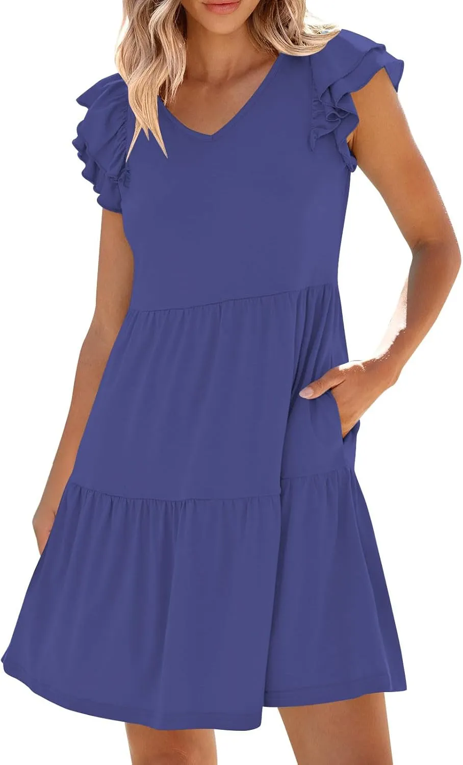 HGps8w Women's 2025 Summer Ruffle V Neck Mini Dress Casual Sleeveless Loose Tiered Swing Beach Dresses with Pockets