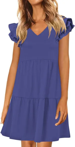 HGps8w Women's 2025 Summer Ruffle V Neck Mini Dress Casual Sleeveless Loose Tiered Swing Beach Dresses with Pockets
