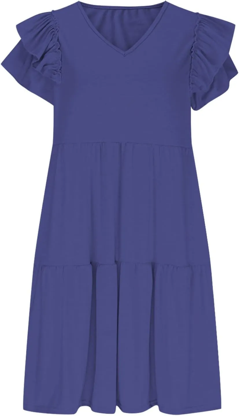 HGps8w Women's 2025 Summer Ruffle V Neck Mini Dress Casual Sleeveless Loose Tiered Swing Beach Dresses with Pockets