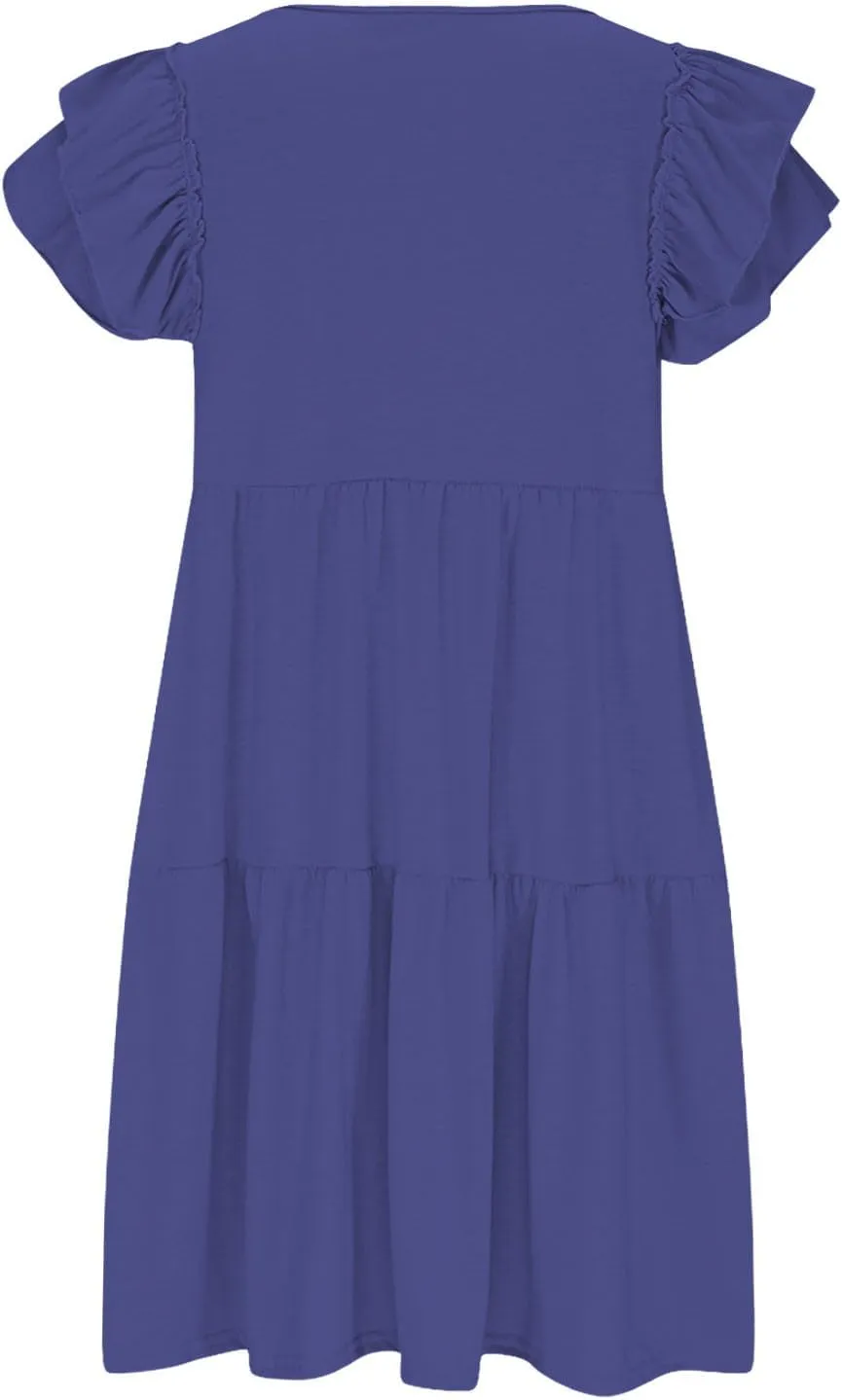 HGps8w Women's 2025 Summer Ruffle V Neck Mini Dress Casual Sleeveless Loose Tiered Swing Beach Dresses with Pockets