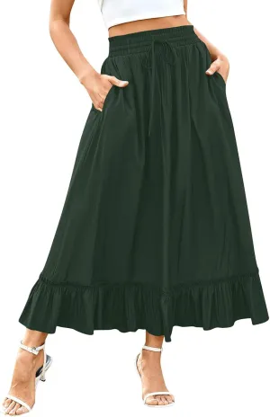 HGps8w Women's Summer Maxi Boho Skirt Elegant Elastic High Waist Ruffle Tiered A-Line Flowy Long Beach Skirts with Pockets
