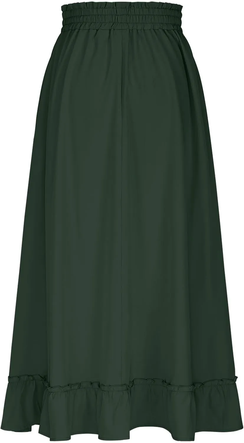 HGps8w Women's Summer Maxi Boho Skirt Elegant Elastic High Waist Ruffle Tiered A-Line Flowy Long Beach Skirts with Pockets