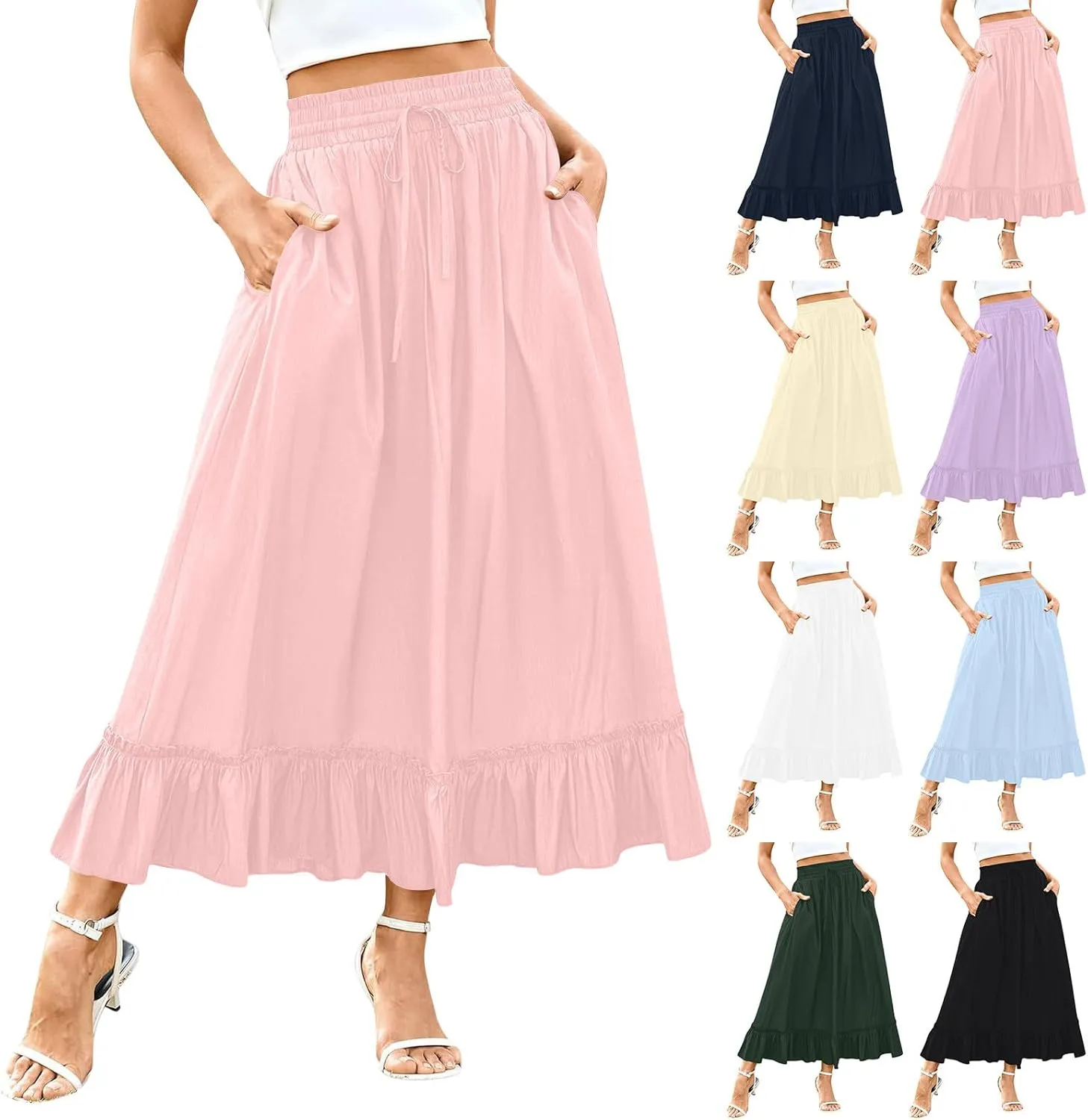 HGps8w Women's Summer Maxi Boho Skirt Elegant Elastic High Waist Ruffle Tiered A-Line Flowy Long Beach Skirts with Pockets