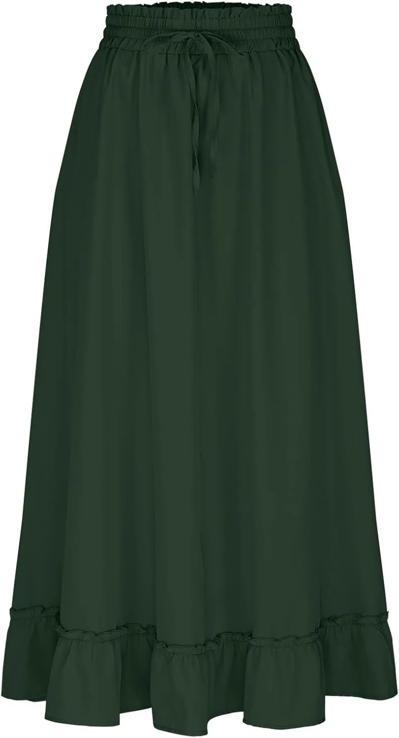 HGps8w Women's Summer Maxi Boho Skirt Elegant Elastic High Waist Ruffle Tiered A-Line Flowy Long Beach Skirts with Pockets