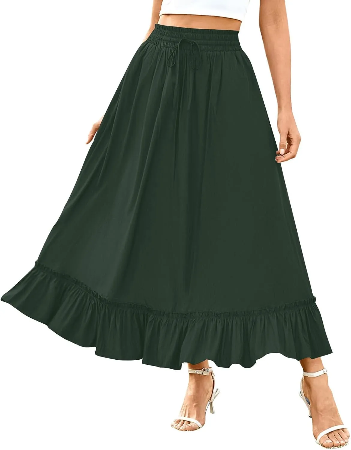 HGps8w Women's Summer Maxi Boho Skirt Elegant Elastic High Waist Ruffle Tiered A-Line Flowy Long Beach Skirts with Pockets