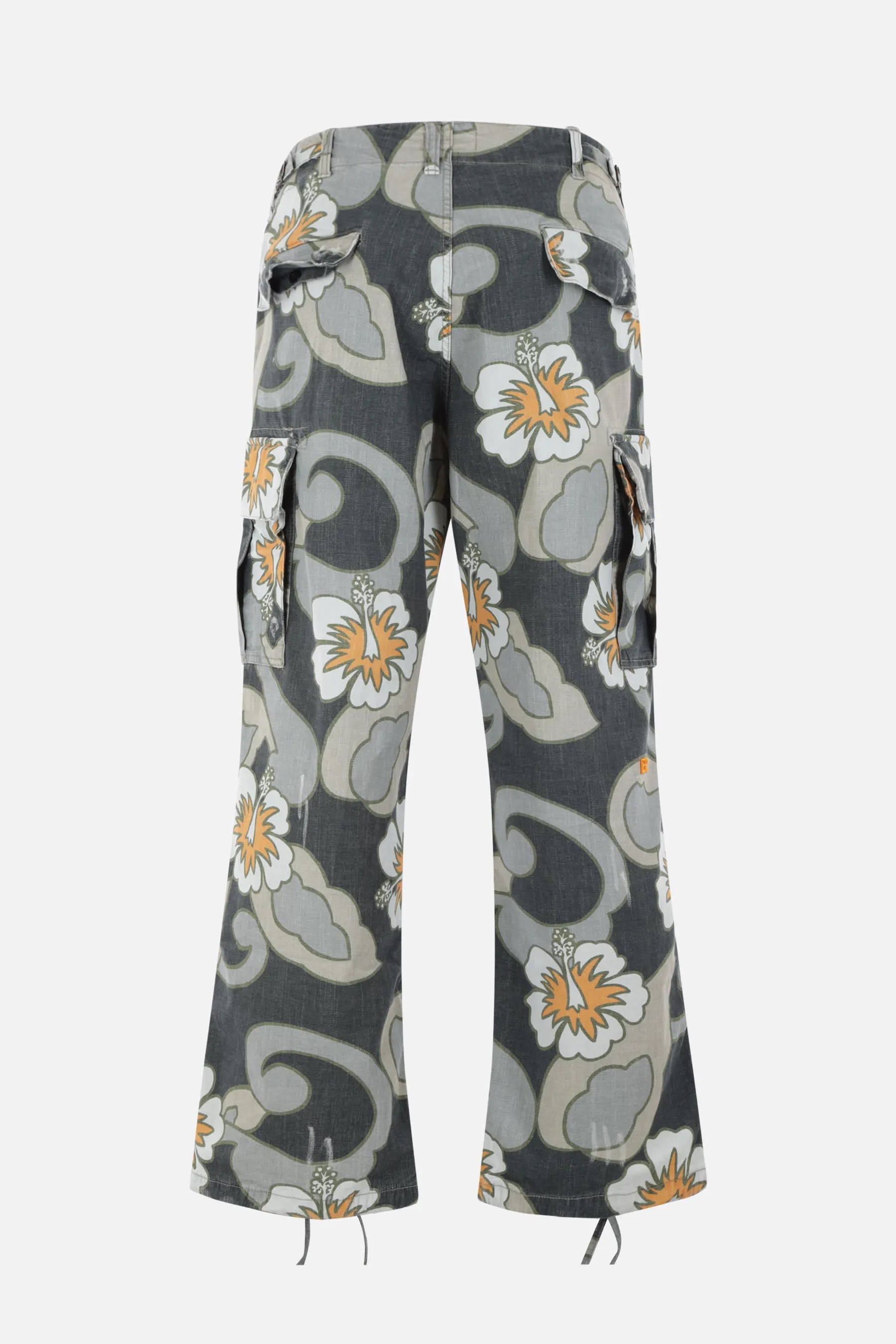 Hibiscus printed denim wide-leg cargo pants