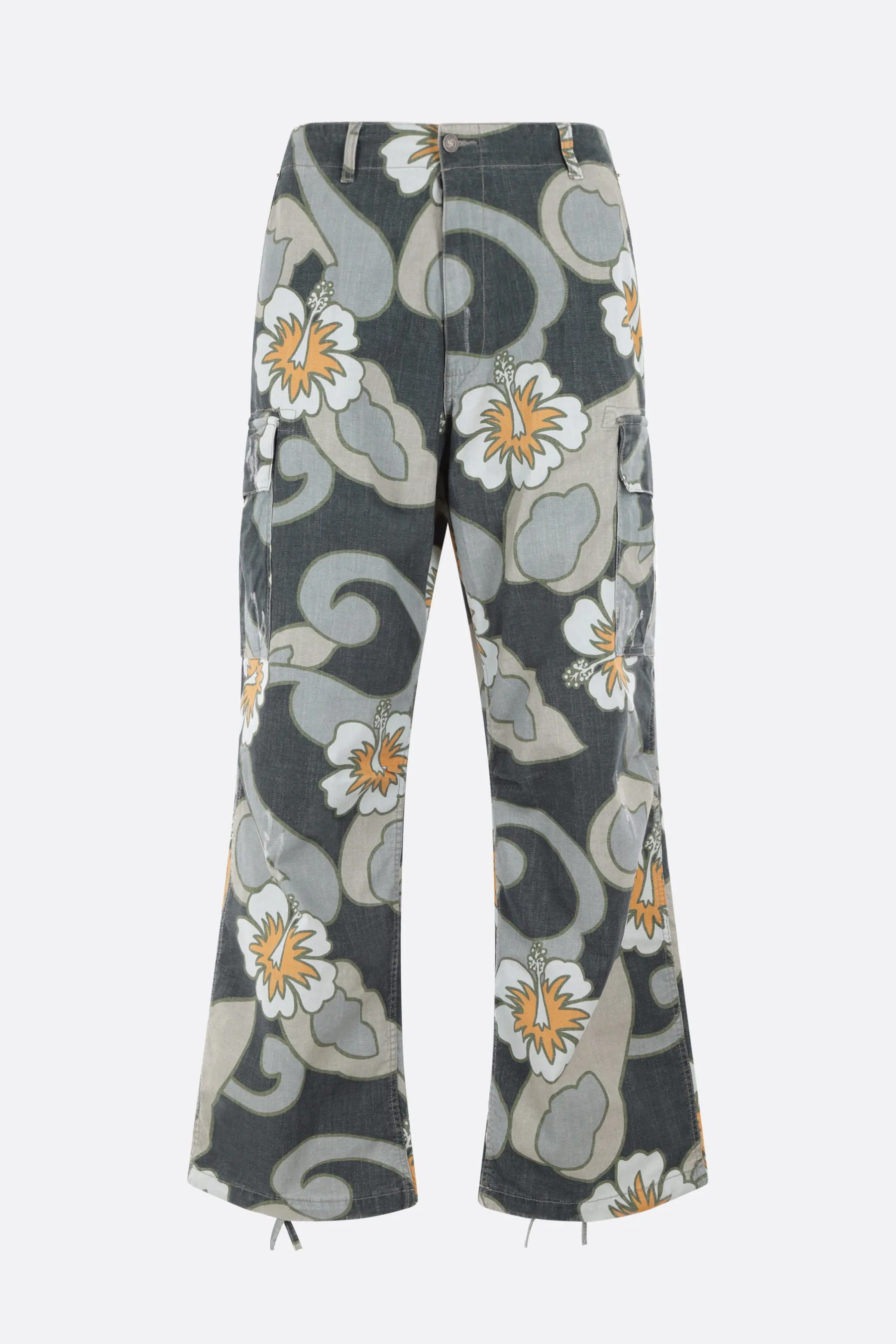 Hibiscus printed denim wide-leg cargo pants