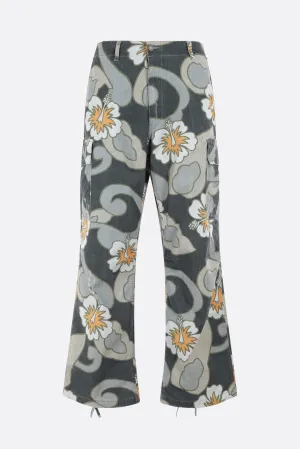 Hibiscus printed denim wide-leg cargo pants