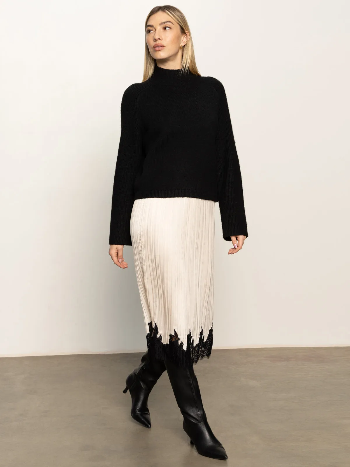 Evermore Pleated Midi Skirt Light Oat Crisscross Back