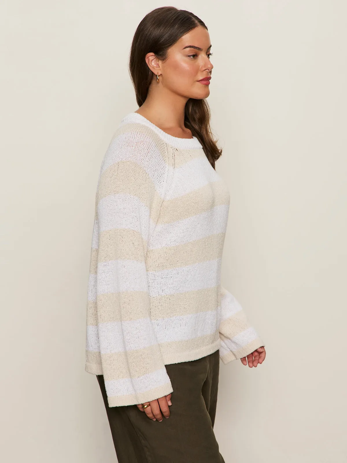 Textured Raglan Crew Sweater White/ Light Oat Stripe Extended Sizing HighNeckCut SleevelessOption