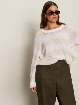 Textured Raglan Crew Sweater White/ Light Oat Stripe Extended Sizing Light Reflective Printing MultiPocketDesign