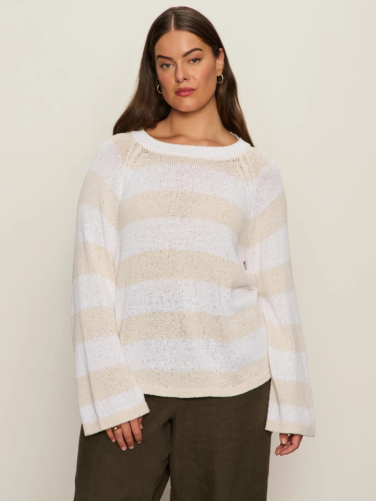 Midweight Four Way Stretch Sun Protection Fabric Textured Raglan Crew Sweater White/ Light Oat Stripe Extended Sizing