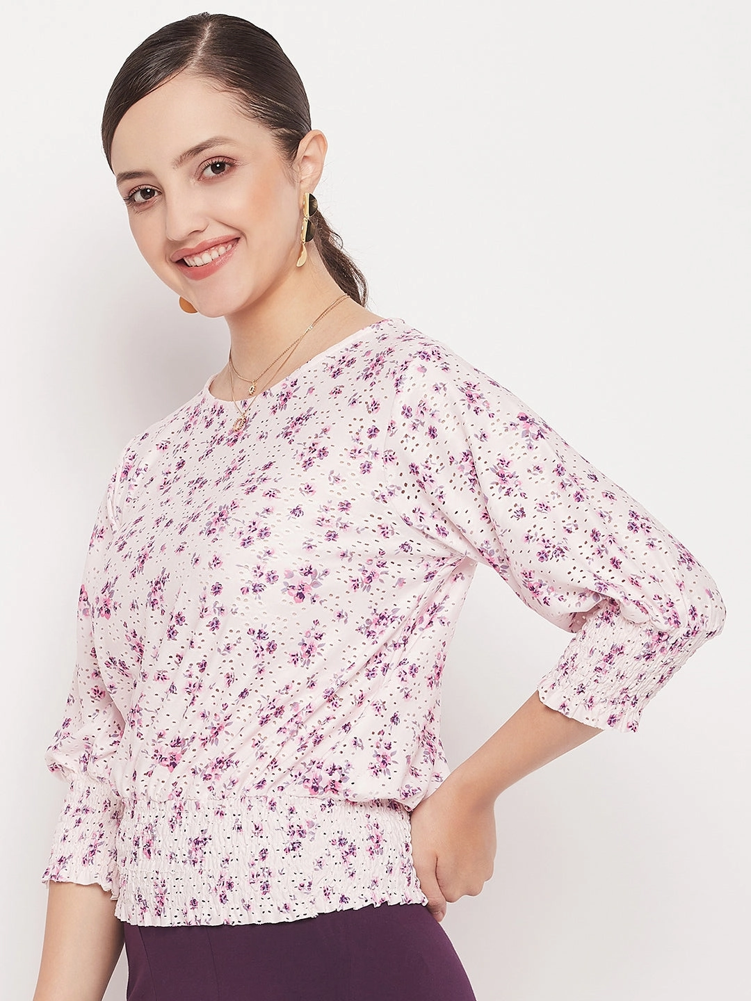 Moisture Control Technology EcoFriendly Dye Process Madame Pink Elasticated Waist Cotton Floral Top