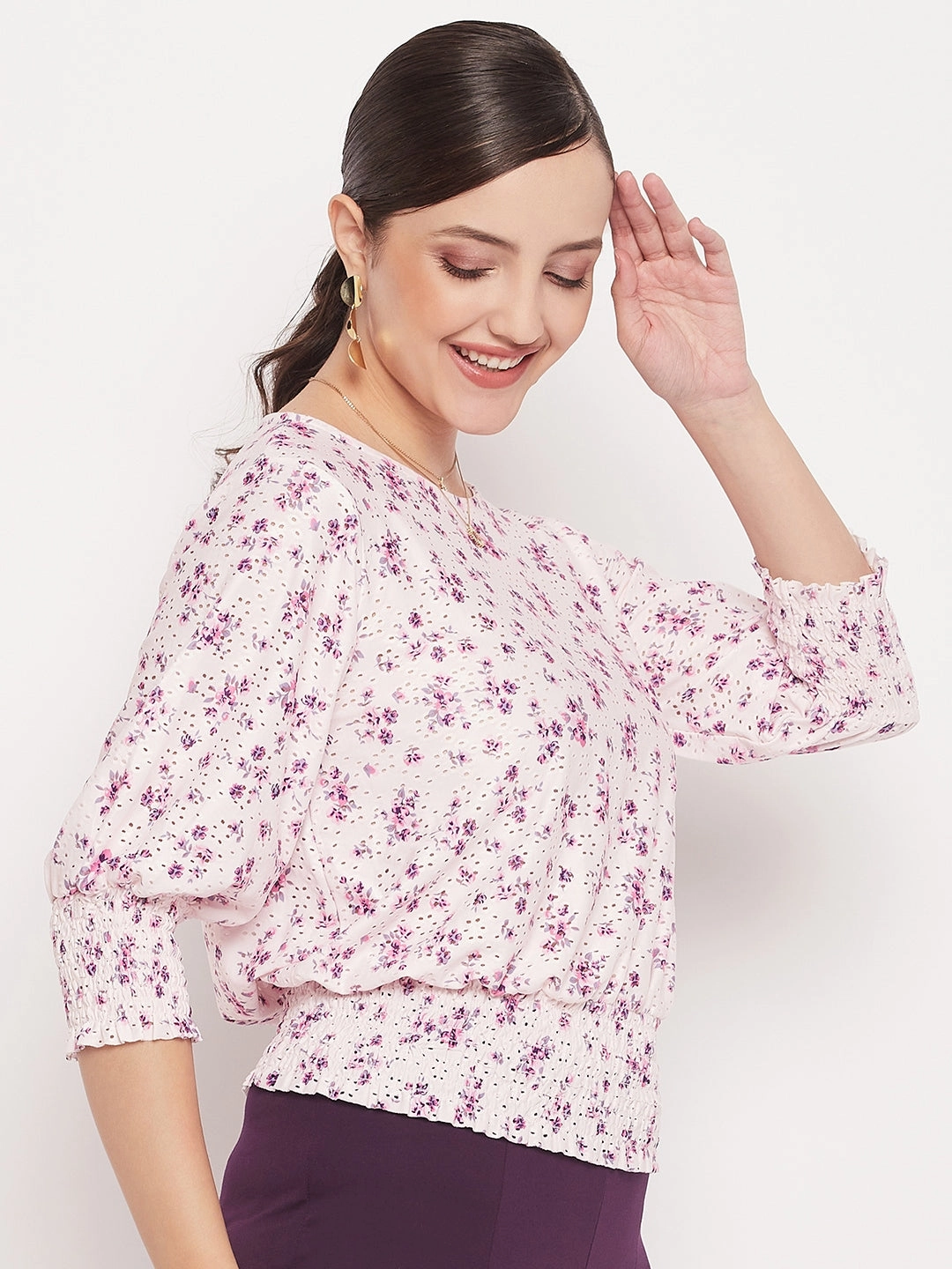 Tear Resistant Fiber Blend Madame Pink Elasticated Waist Cotton Floral Top