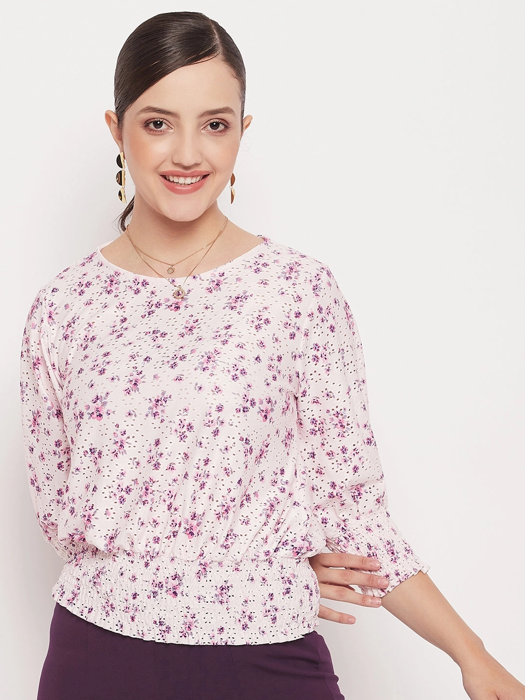Ultraviolet Protection Fabric Madame Pink Elasticated Waist Cotton Floral Top