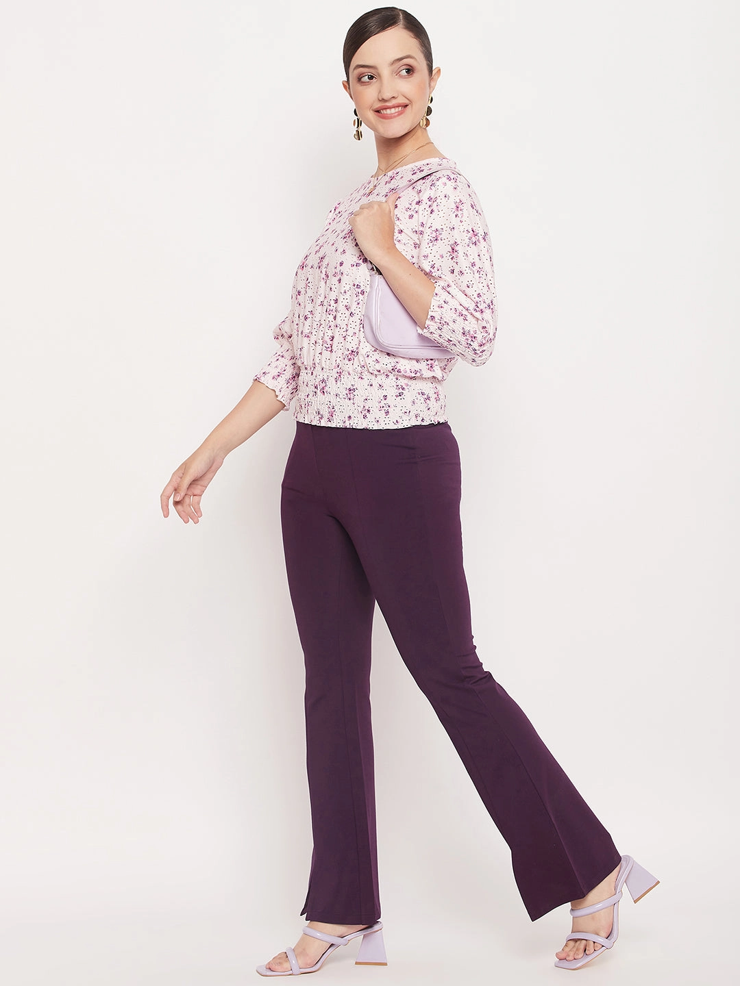 Multi Panel Construction Anti Odor Finish Madame Pink Elasticated Waist Cotton Floral Top