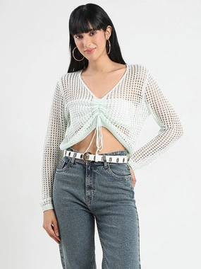 Chic Cardigan Everyday Fashion Madame Semi Sheer Drawstring Mint Green Knitted Crop Top