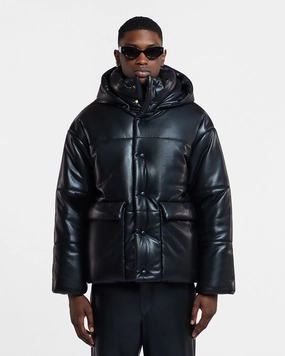 Secure Storage Pockets Large Hide Mens - Okobor? Alt-Leather Hooded Puffer - Black