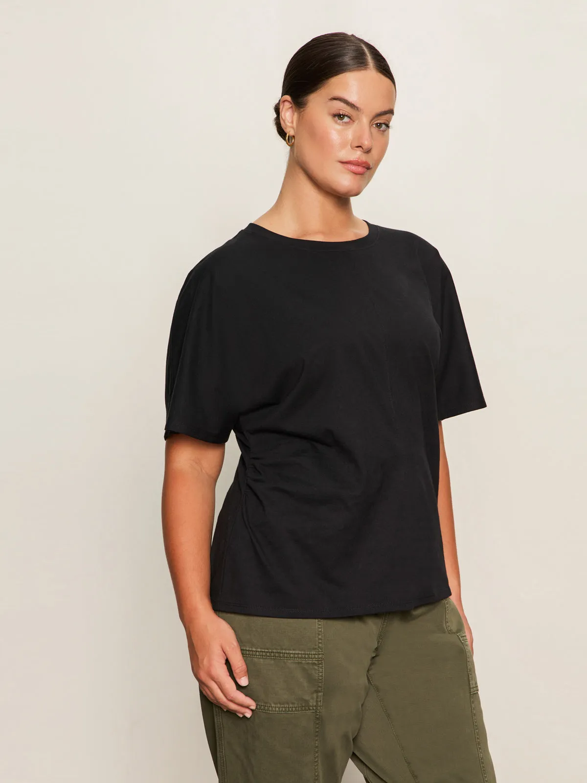 Shirred Waist Dolman Tee Black Extended Sizing Sleek Look