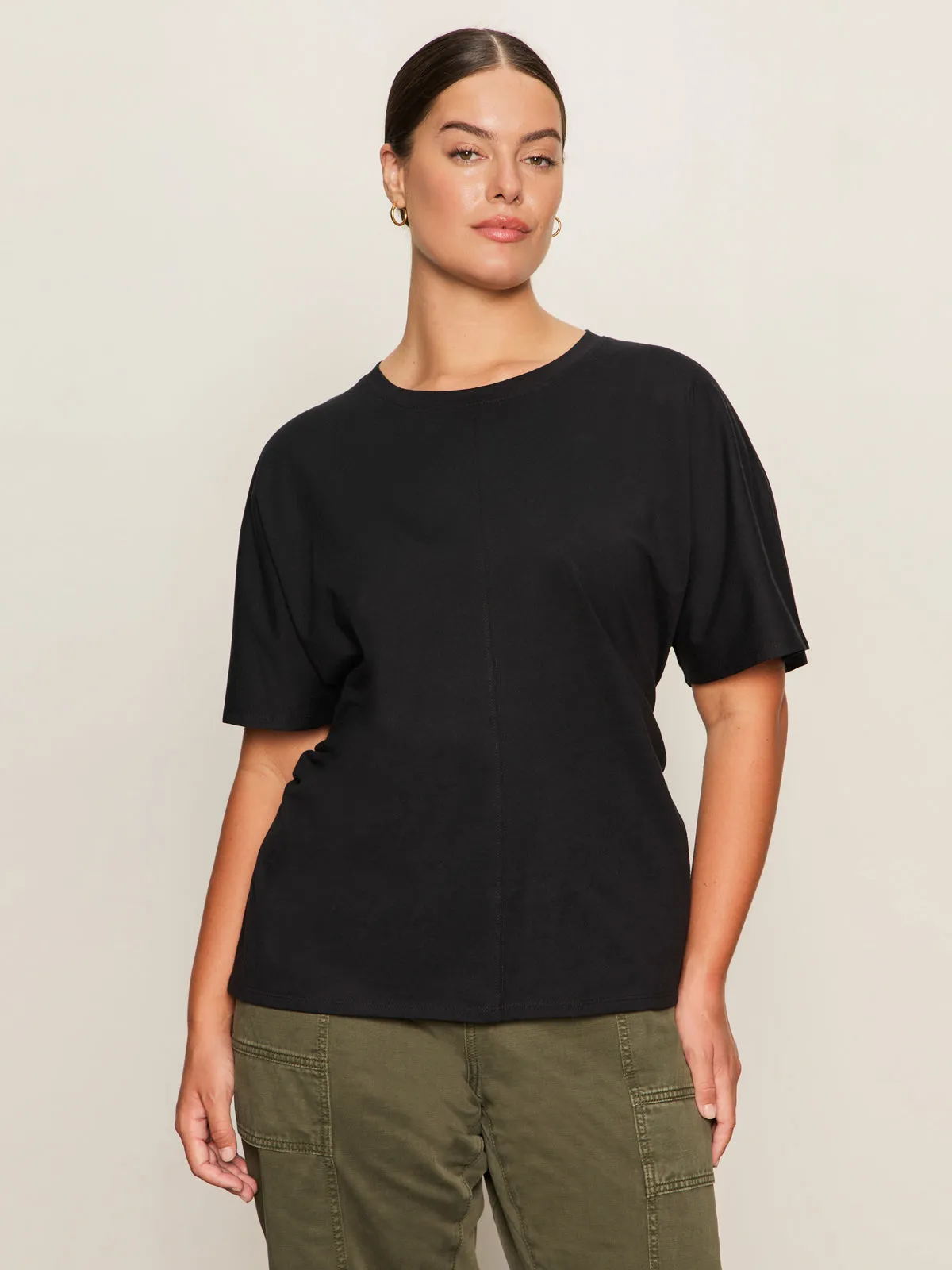 Shirred Waist Dolman Tee Black Extended Sizing Compression Fit All-Purpose