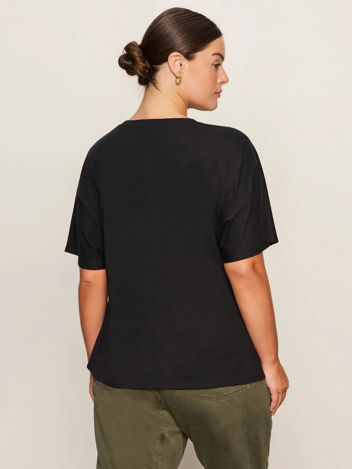 Shirred Waist Dolman Tee Black Extended Sizing Flexible Shoulder Seams Chic Casual Wear