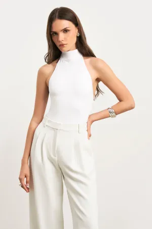 YarnBlend VentilatedMesh High Neck Halter Bodysuit - White