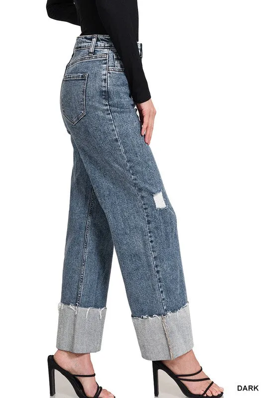 High Rise Cuffed Wide Leg Jeans