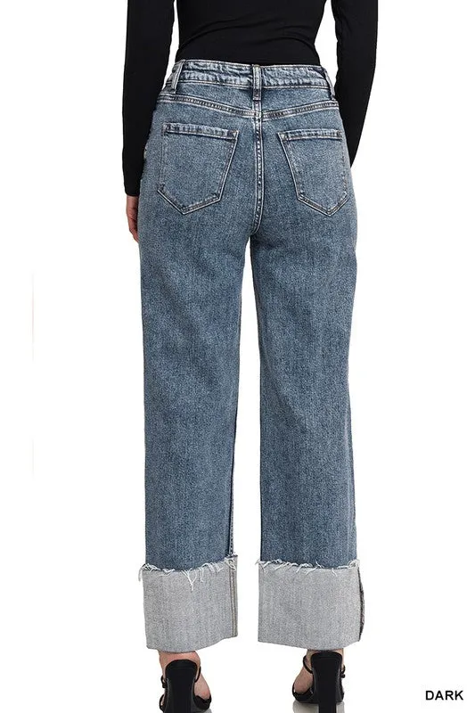 High Rise Cuffed Wide Leg Jeans