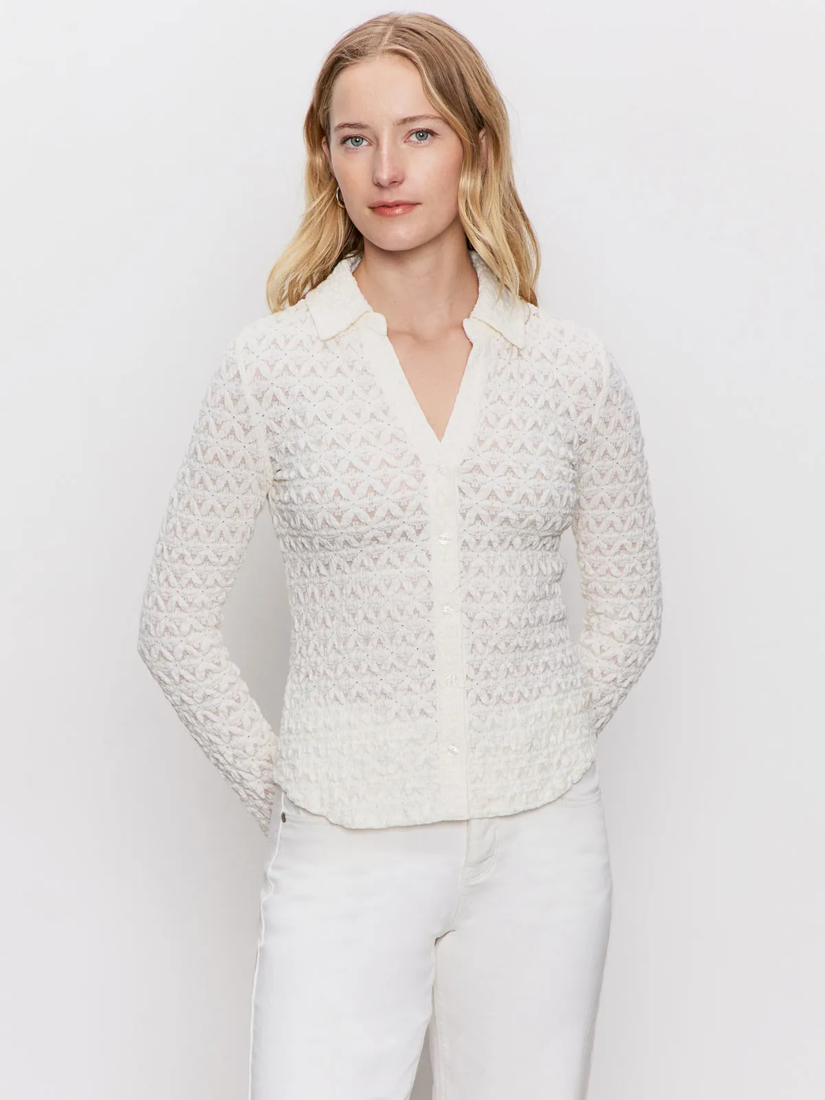 Dreamgirl Lace Button Up Top Chalk Durable Collar Construction