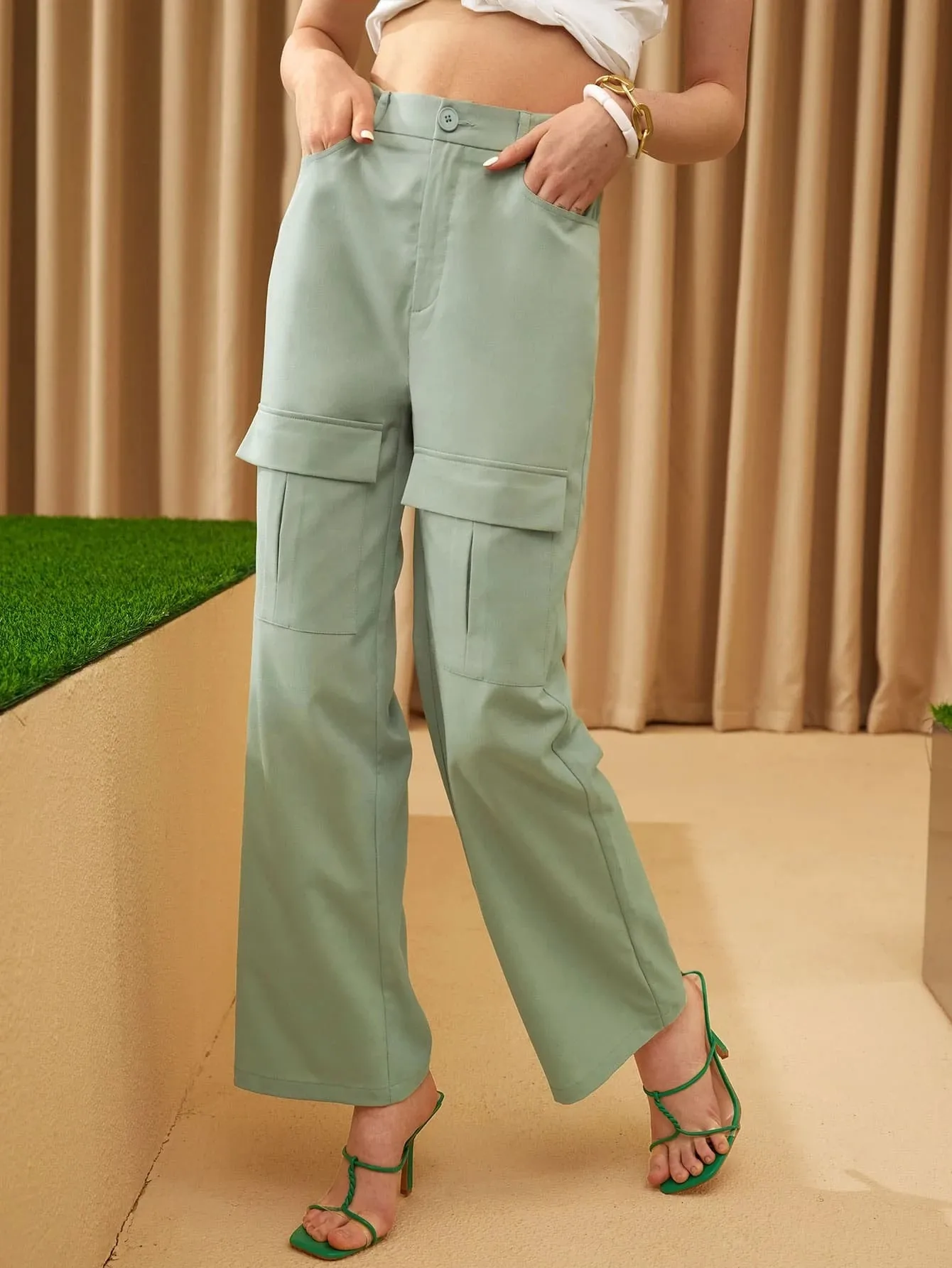 High Waist Flap Pocket Wide Leg Pants