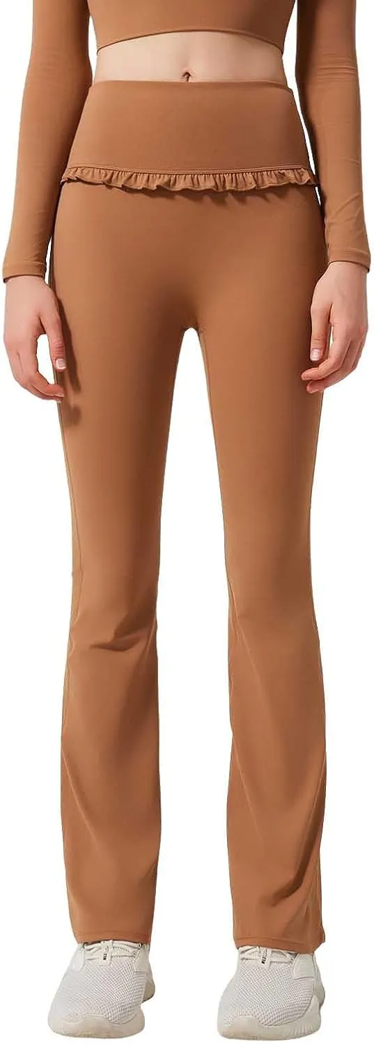 High Waist Flare Leggings for Women Ruffle Flared Yoga Pants Tummy Control Bell Bottoms Naked Feeling Workout Pants