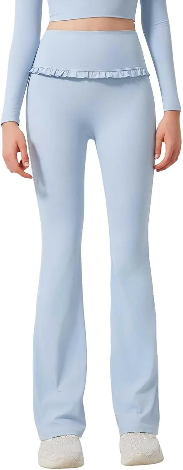 High Waist Flare Leggings for Women Ruffle Flared Yoga Pants Tummy Control Bell Bottoms Naked Feeling Workout Pants