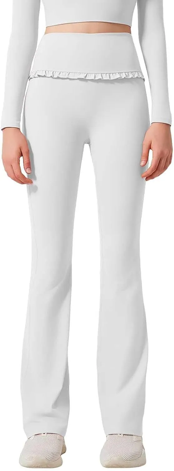 High Waist Flare Leggings for Women Ruffle Flared Yoga Pants Tummy Control Bell Bottoms Naked Feeling Workout Pants
