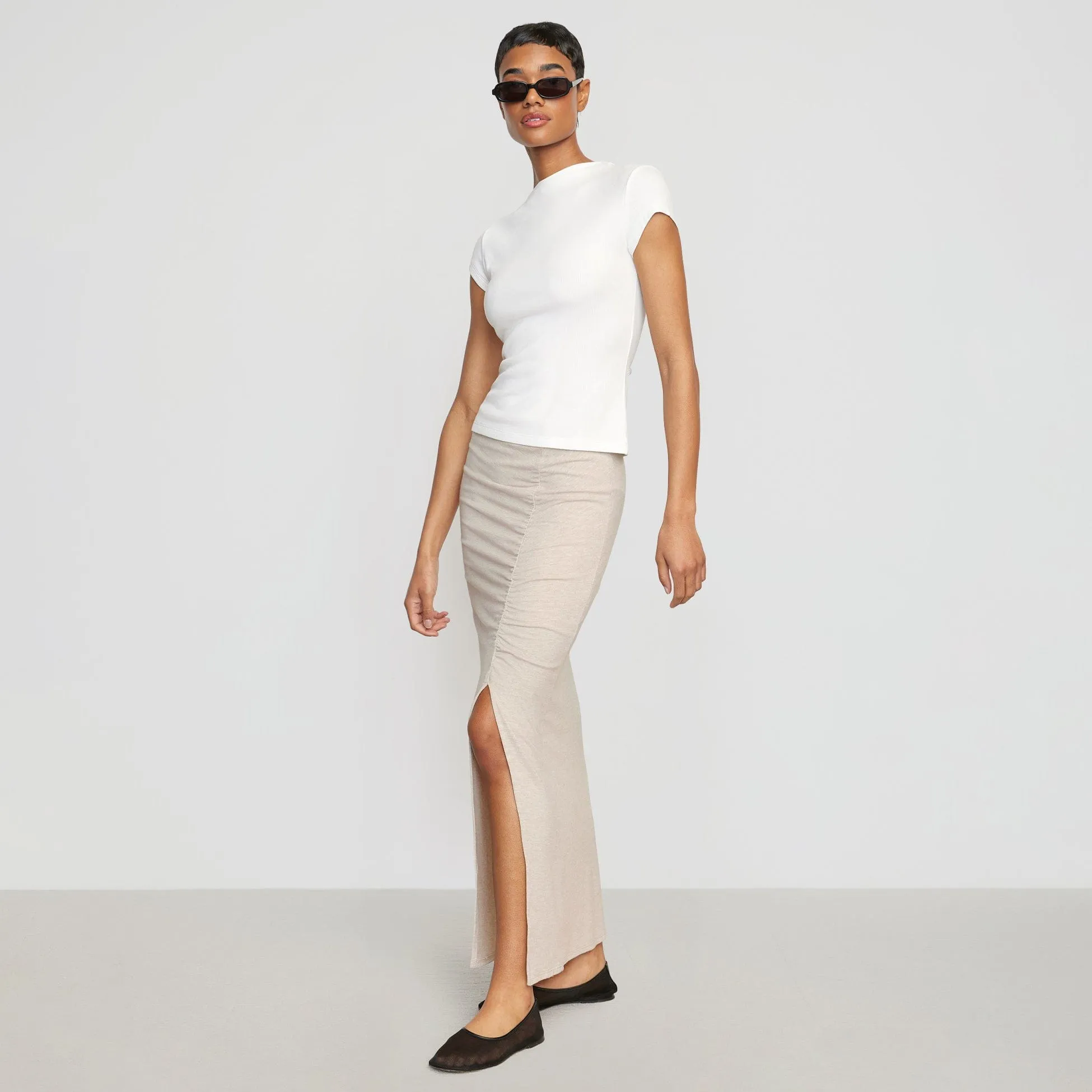 Kiki Ruched Side-Slit Midi Skirt Editorial Look Fit Choice