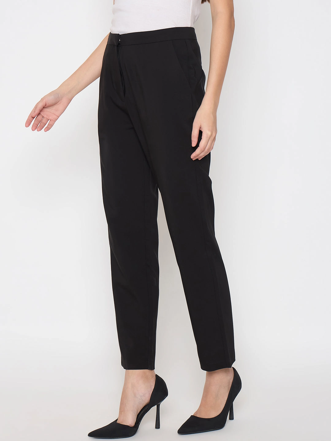 Double Layered Hem FlexibleNeckline Madame Alex Waist Belt Detail Solid Black Trousers