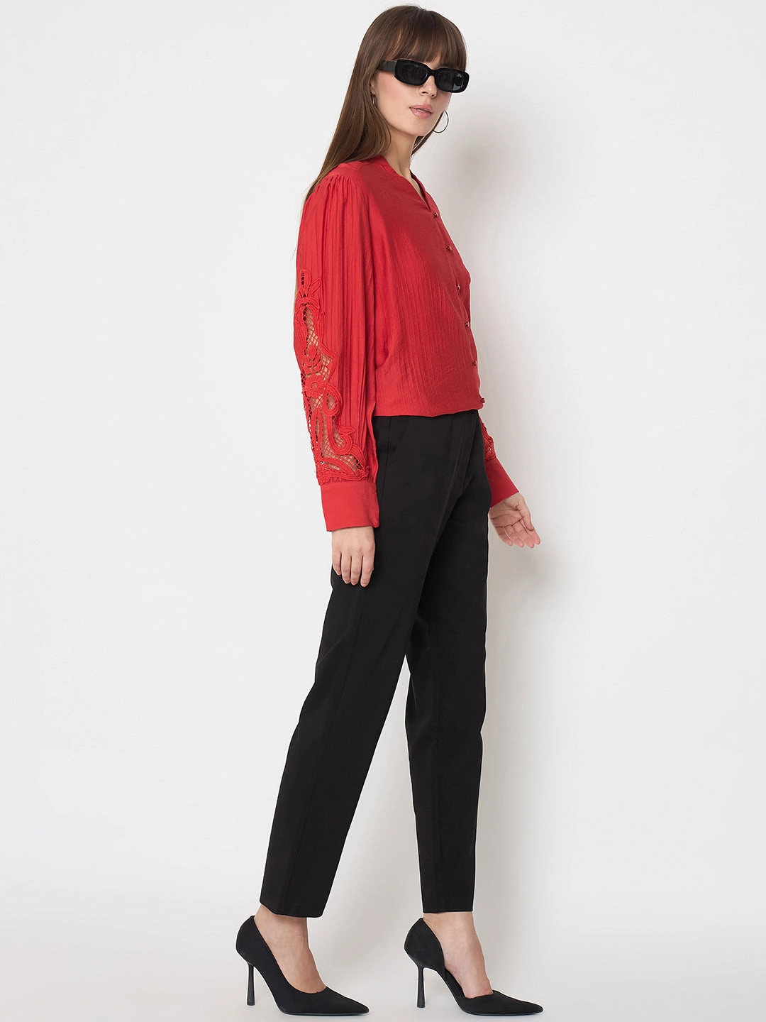 Madame Alex Waist Belt Detail Solid Black Trousers Double Stitched Hem LightweightFabric