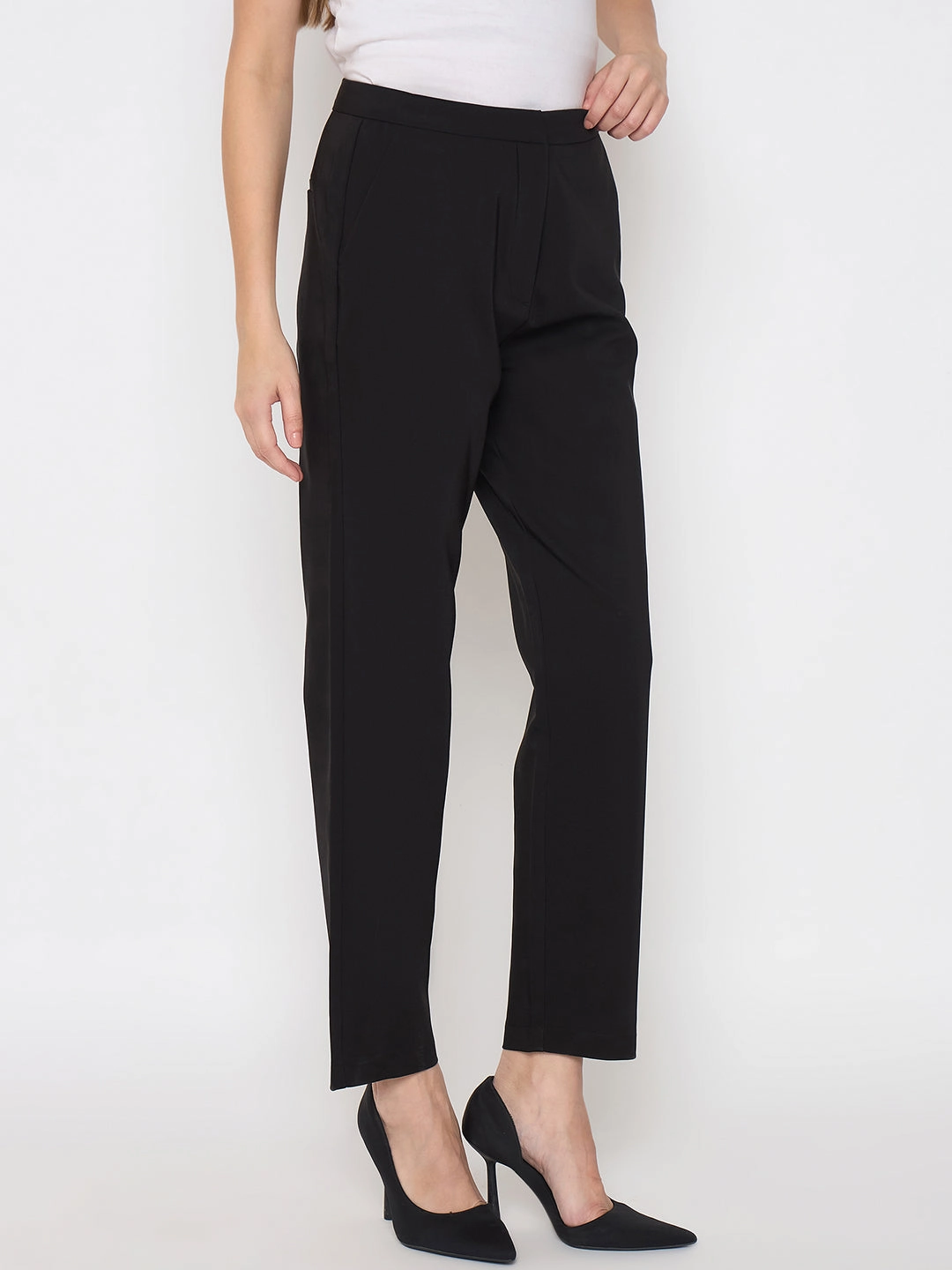 Anti Pilling Finish Madame Alex Waist Belt Detail Solid Black Trousers