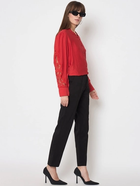 Madame Alex Waist Belt Detail Solid Black Trousers Double Stitched Hem LightweightFabric