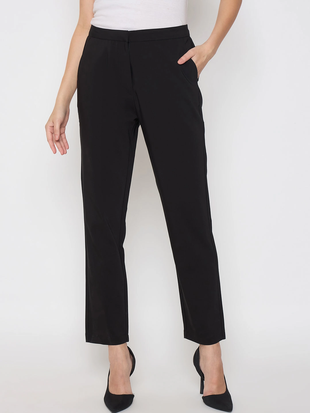 Madame Alex Waist Belt Detail Solid Black Trousers YarnDyed Stripes Minimalist Cuff