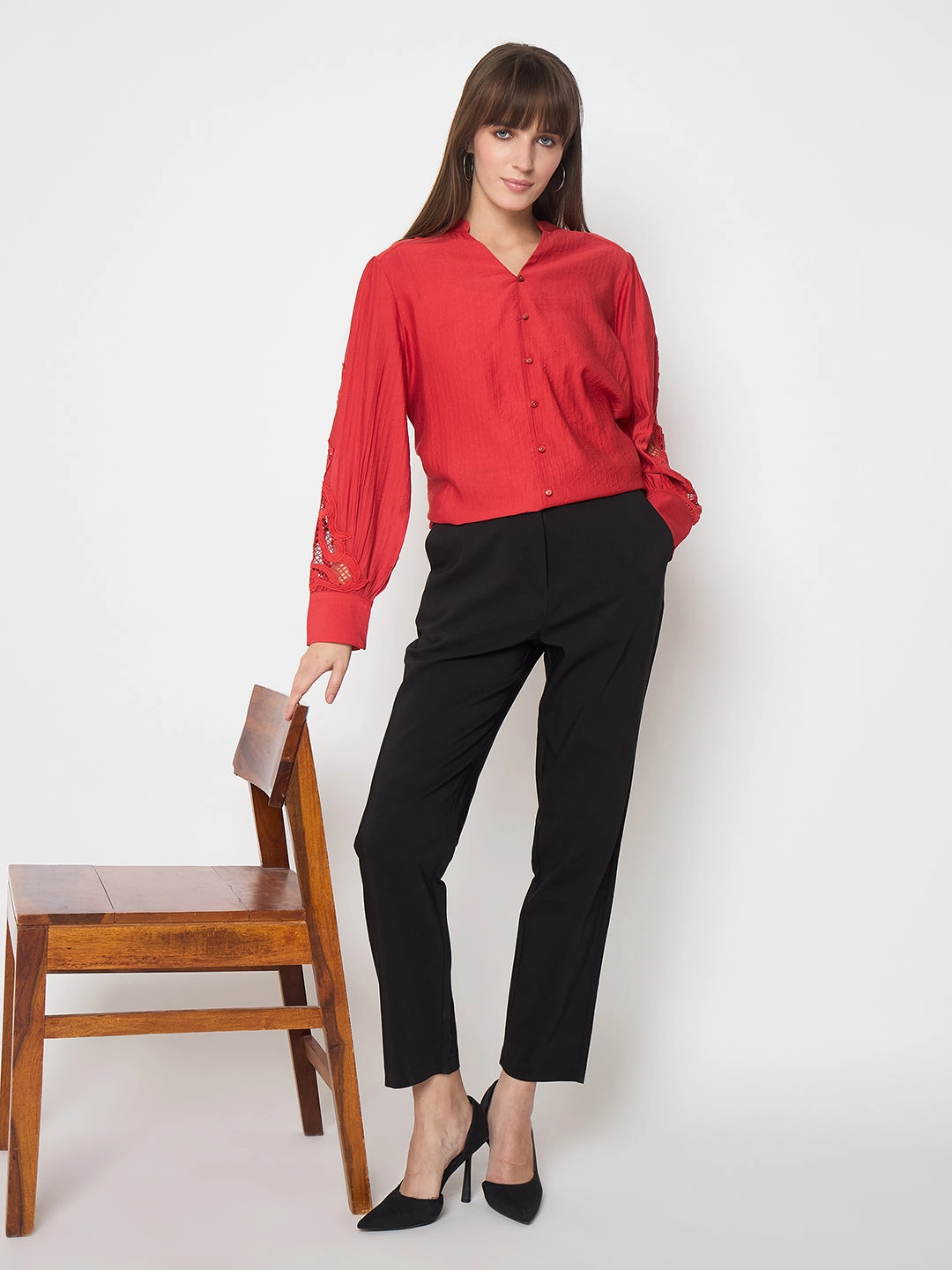 Elegant Cut Madame Alex Waist Belt Detail Solid Black Trousers