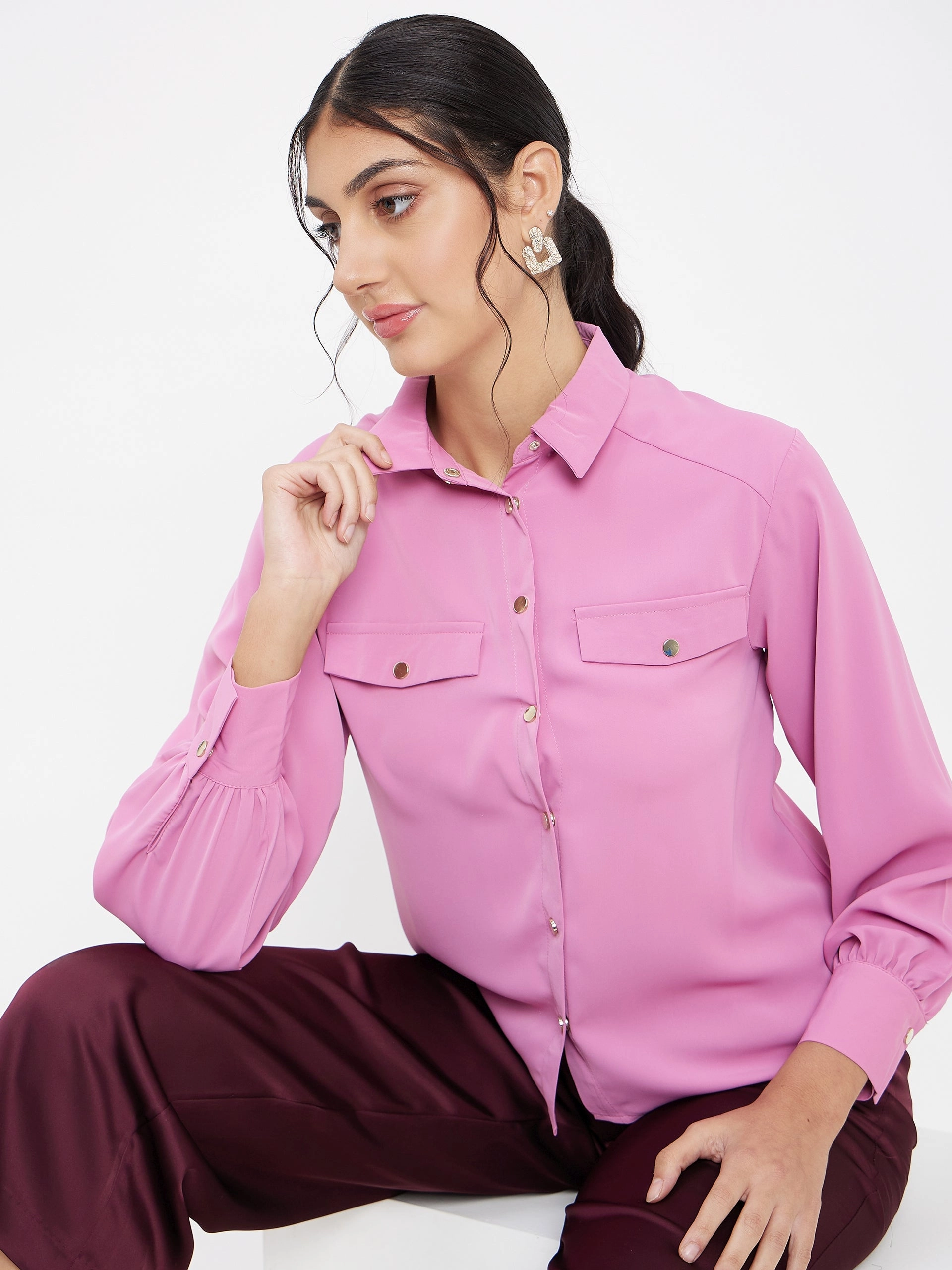 Madame Polo Neck Solid Pink Shirt Street Wear