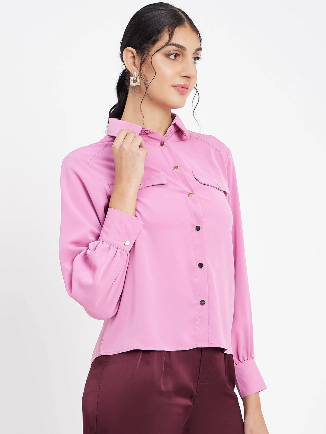 Fashionable Pick Multi Pocket Design Madame Polo Neck Solid Pink Shirt