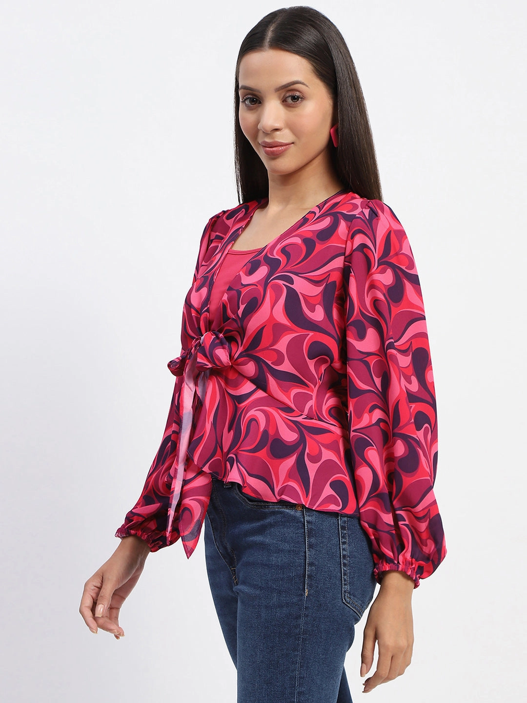 Madame Abstract Print Tie Front Pink Top Subtle Texture Weave Summer Wardrobe