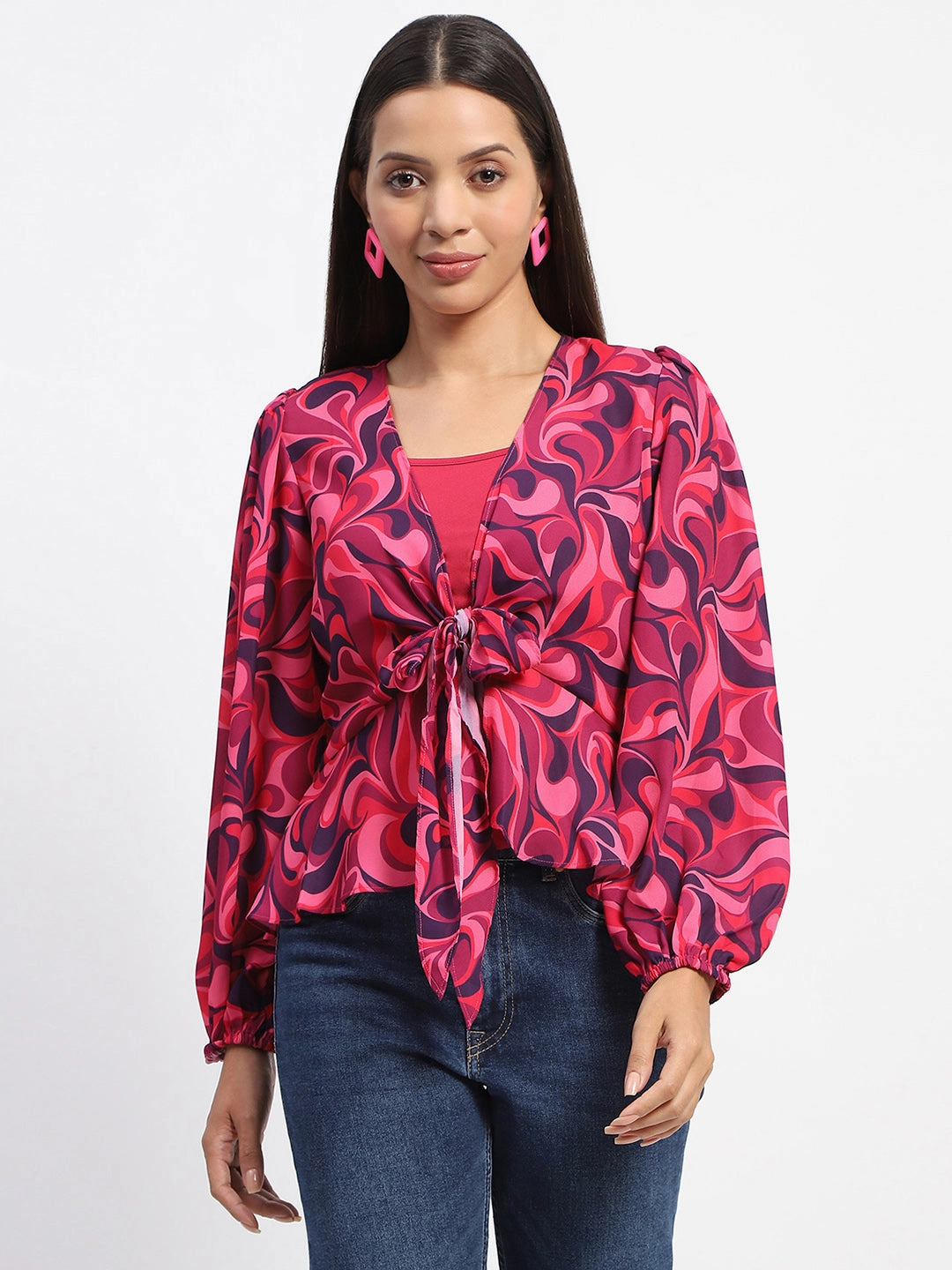 Madame Abstract Print Tie Front Pink Top NonToxicCoating Durable Stitch Pattern